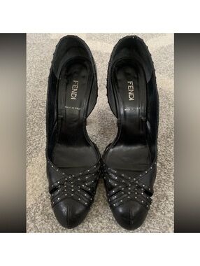 Fendi Black Leather Studded High Heel Pumps Made in Italy